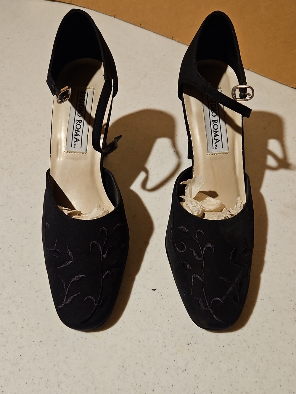 Black Suede Embroidered Ankle-Strap Heels